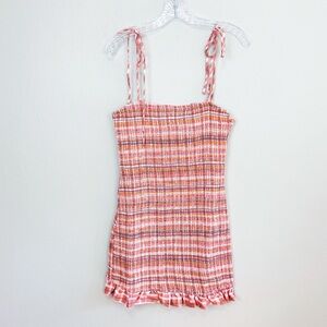 Paradise USA Smocked Plaid Mini Dress Tie Shoulders Ruffle Trim Size Large